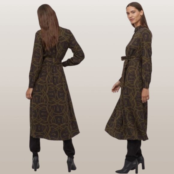 Richard Allan x H&M NWOT Women's Shirt Midi Dress Size 4 Brow/ Green Printed - Picture 2 of 12